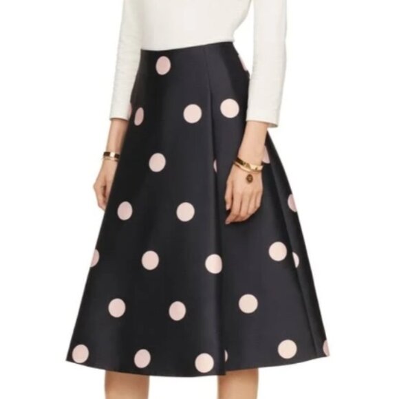 Kate Spade Lysa Navy with Pink Polka Dots Pleated Midi A-Line Skirt S $259 - Picture 1 of 11